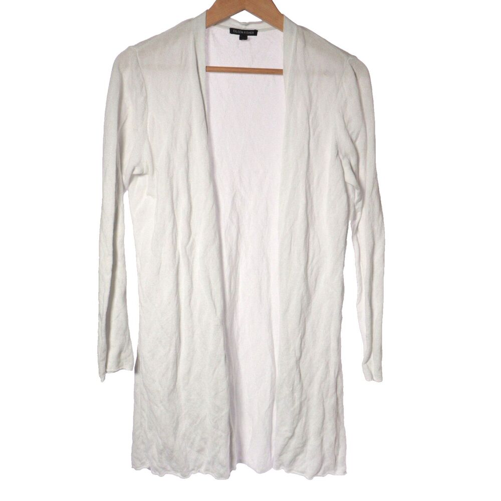 Eileen Fisher Open Tunic White Cardigan Womens Medium Long Sleeve Lyocell Blend